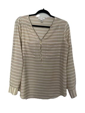 Calvin Klein Beige and White Striped Zip-Front Long Sleeve Blouse